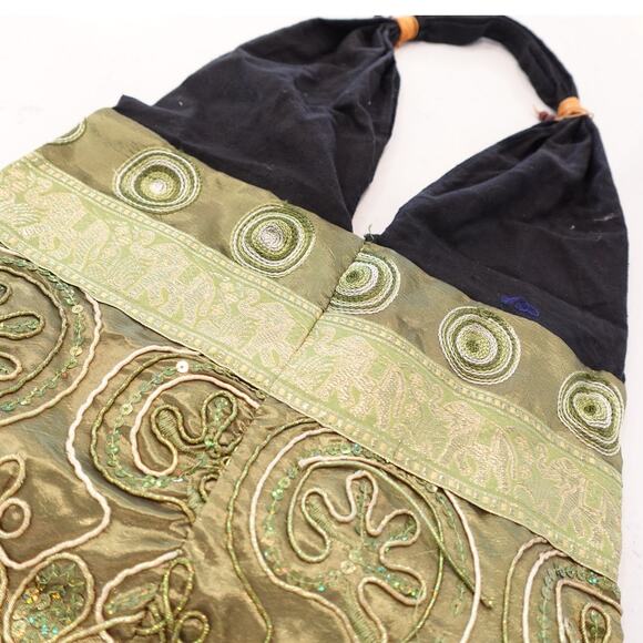 Bohemian Olive and Black Bindle Purse with Embroidery n Coconut Button - Picture 5 of 9